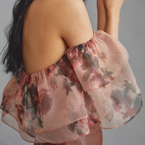 Anthropologie DOLAN Tiered Organza Floral Chiffon Off-Shoulder Top - Picture 3 of 12
